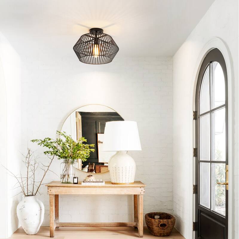 15.8" Modern Industrial Matte Black Geometric Diamond Cage Drum Design Shade Semi-Flush Mount Ceiling Light