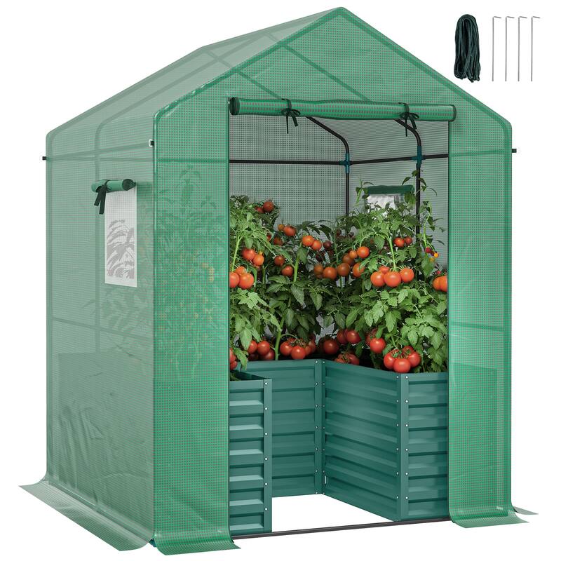 Outsunny Greenhouse with Raised Garden Bed, 56" x 56" x 75" Galvanized Steel Planter Box with PE Cover