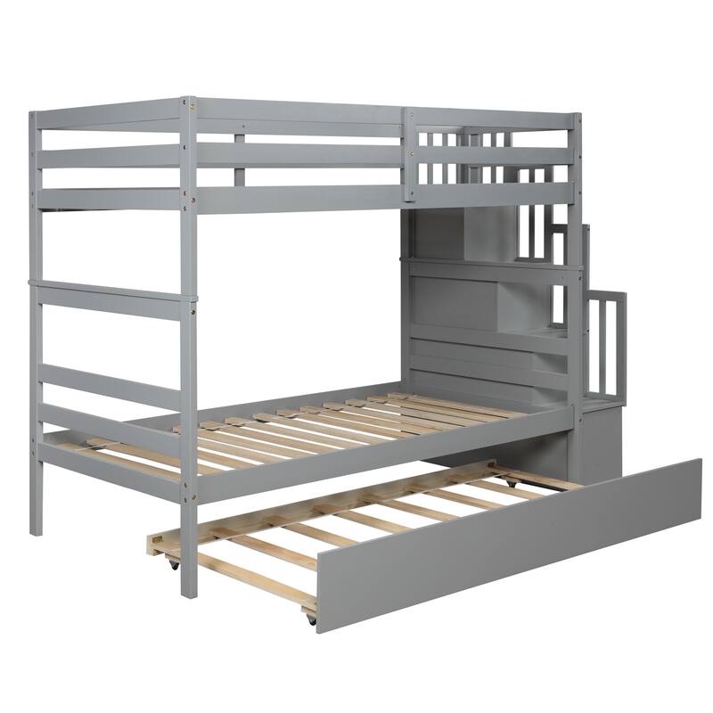 Twin Over Twin Pine Bunk Bed with Trundle and Storage Staircase