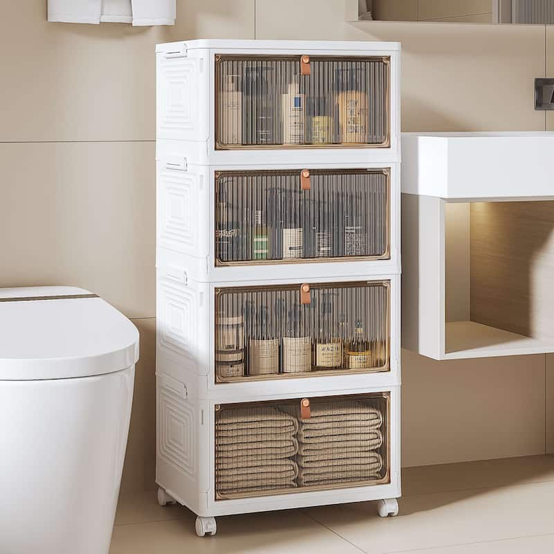 Javlergo 4 Tier Bathroom Storage Cabinet Storage Bins with Lid Stackable Storage Boxes Foldable Storage Organizers - White