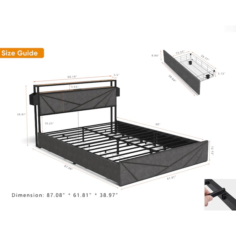 Queen Size Platform Bed with LED Lights, Charging Station & 4 Drawers