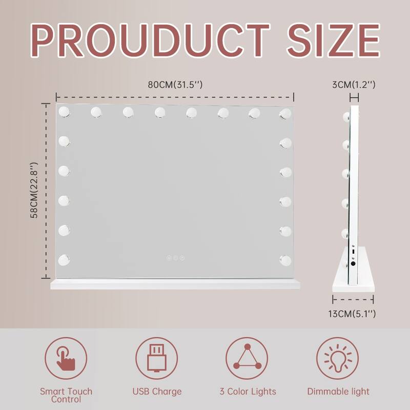 31.5"x 22.8"USB Charging Lighted Makeup Mirror with 18 LED Dimmable Bulbs,3 Color Lights Cosmetic Mirror for Tabletop and Wall