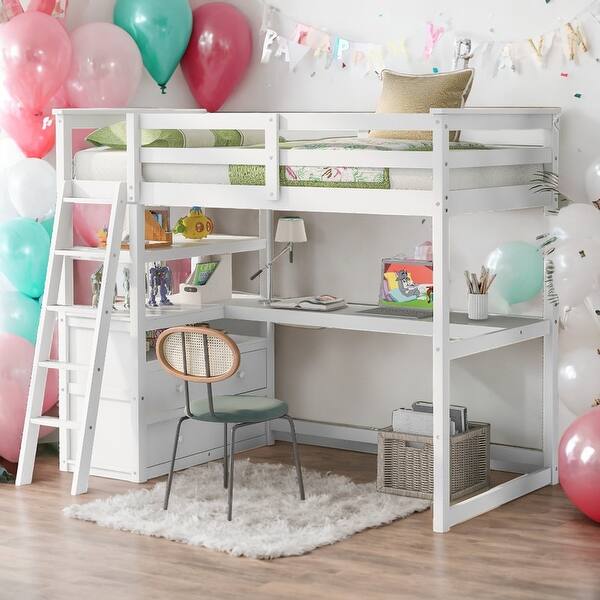 slide 2 of 15, Modern Twin Size Loft Bed With Desk And Shelves,Two Built-in Drawers,For Bedroom White