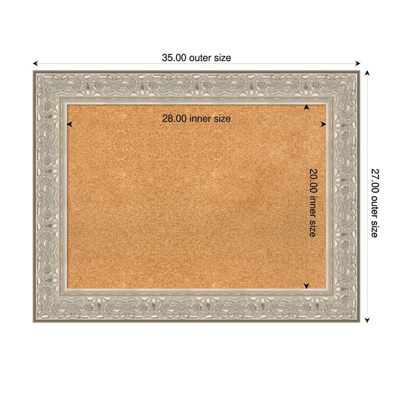 Luxe Silver Cream Framed Cork Board - Bulletin Board, Organization Board, Pin Board - Natural - 35 x 27 in