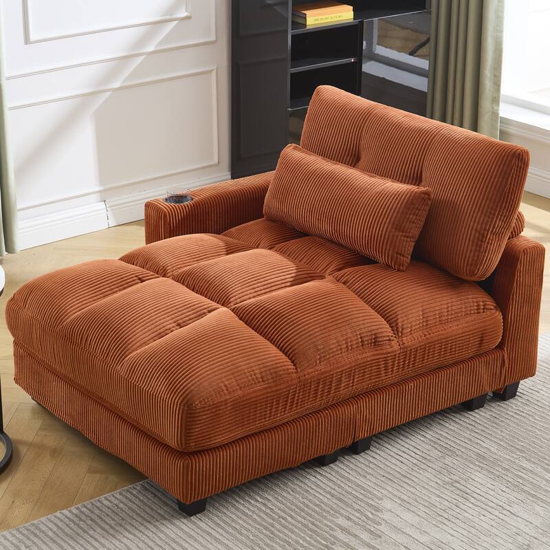Oversized Corduroy Upholstered Single Chaise Lounge Sofa Couch Switchable Armrest with Cup Holders, USB Ports and Pockets - Orange