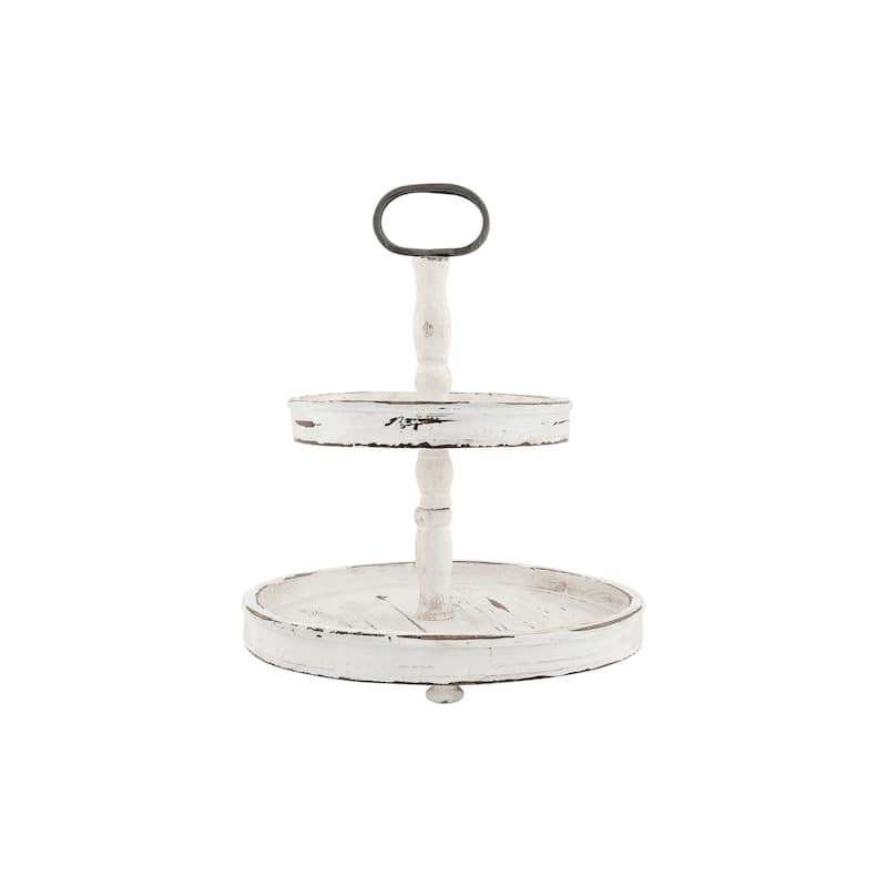 Distressed Wood 2-Tier Tray with Metal Handle - Cream