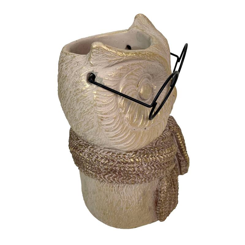 Bespectacled Owl Cement Vase 8.25" Gold Accents Knit Scarf Real Wire