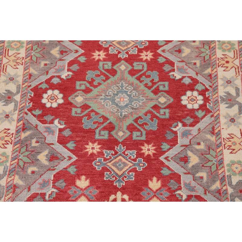 Red Kazak Accent Rug Handmade Geometric Wool Carpet - 3'4"x 4'8"