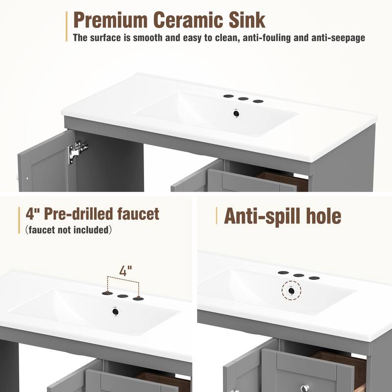 72 inch Shaker Style Free-Standing Bathroom Vanity Cabinet with Ceramic Sink, Soft-close