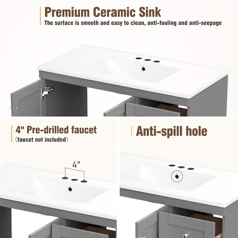 Bathroom Vanity with Ceramic Sink, Free-Standing Wooden Bathroom Cabinet, Storage Cabinet with 4 Drawers & 2 Soft Closing Doors