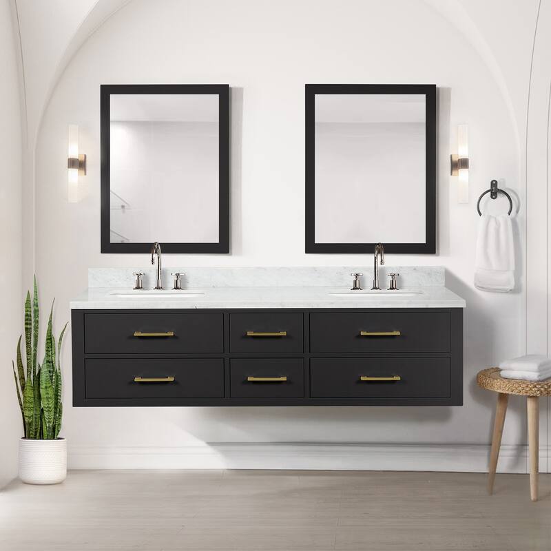 Lexora Castor Double Bath Vanity, Carrara Marble Top, Faucet Set, and Mirrors