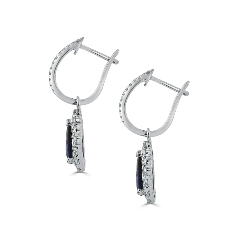 Auriya Fancy Teardrop 2 5/8ct Blue Sapphire and 5/8ct Diamond Halo Dangle Earrings 18k Gold