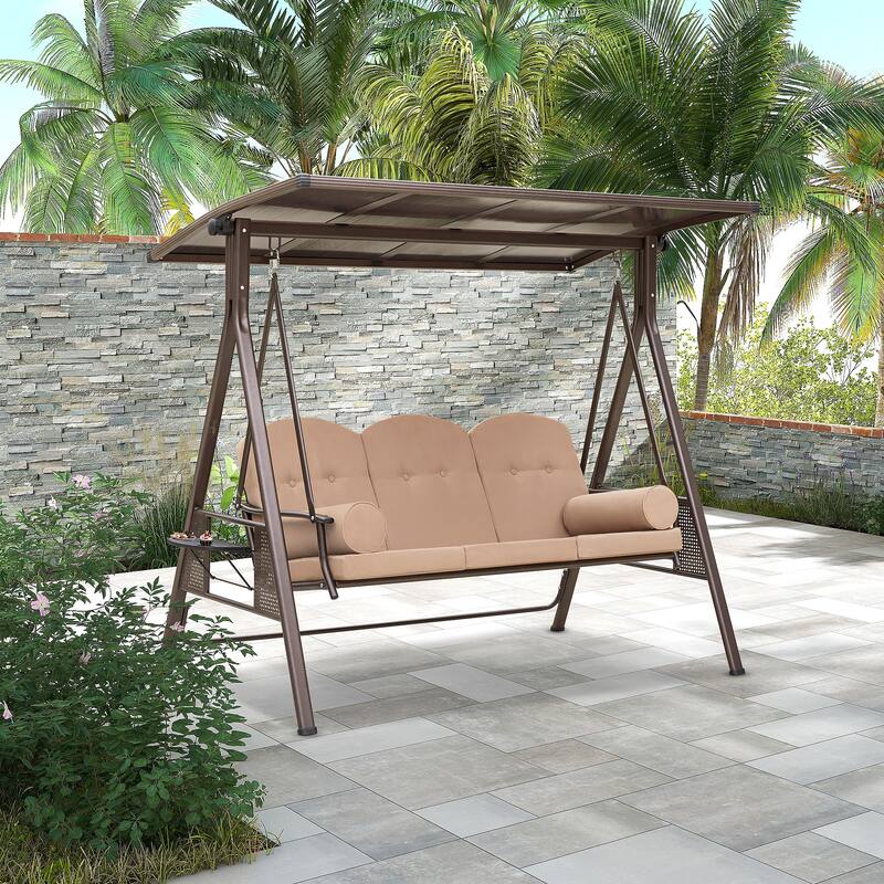 Outdoor 3-Seat Porch Swing with Adjustable Canopy & Cup Holder,Porch Swing Glider Chair, Heavy-Duty Steel Frame