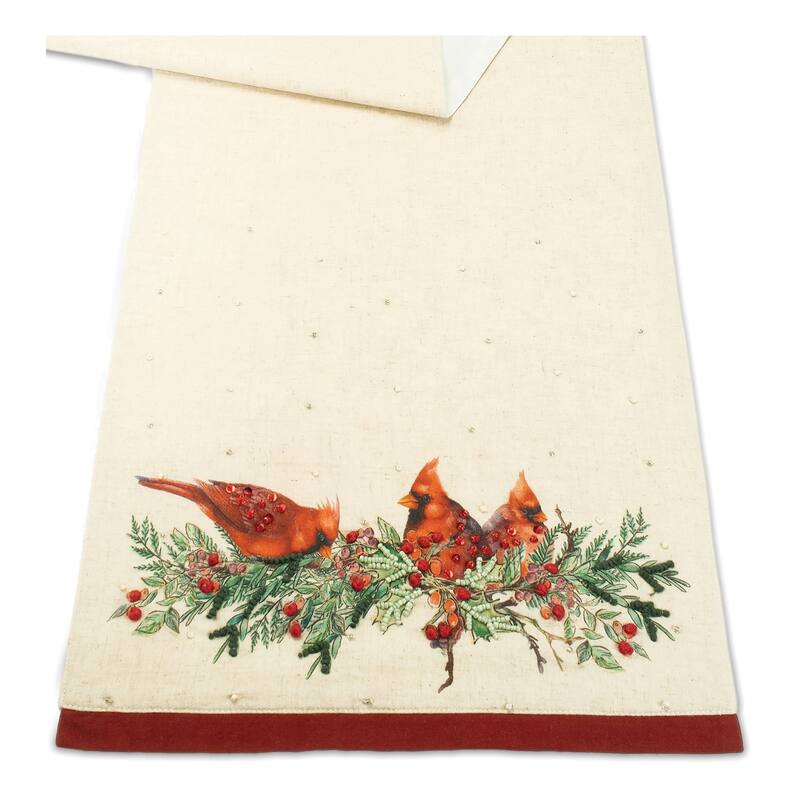 Polyester Table Runner with Beaded Cardinal Bird Design