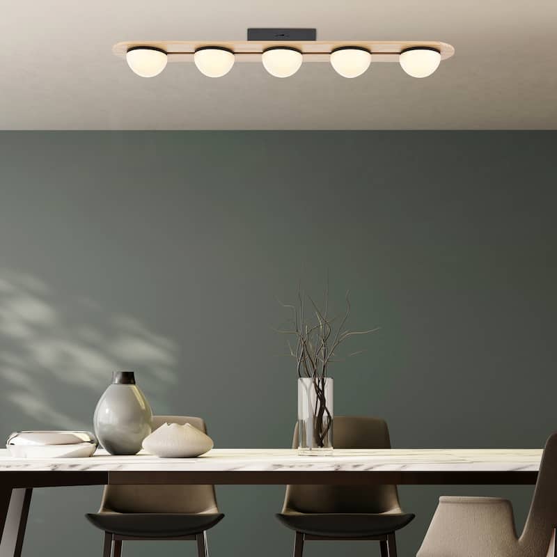 5 Lights Satin Black & Wood Flush Mount Chandelier - N/A