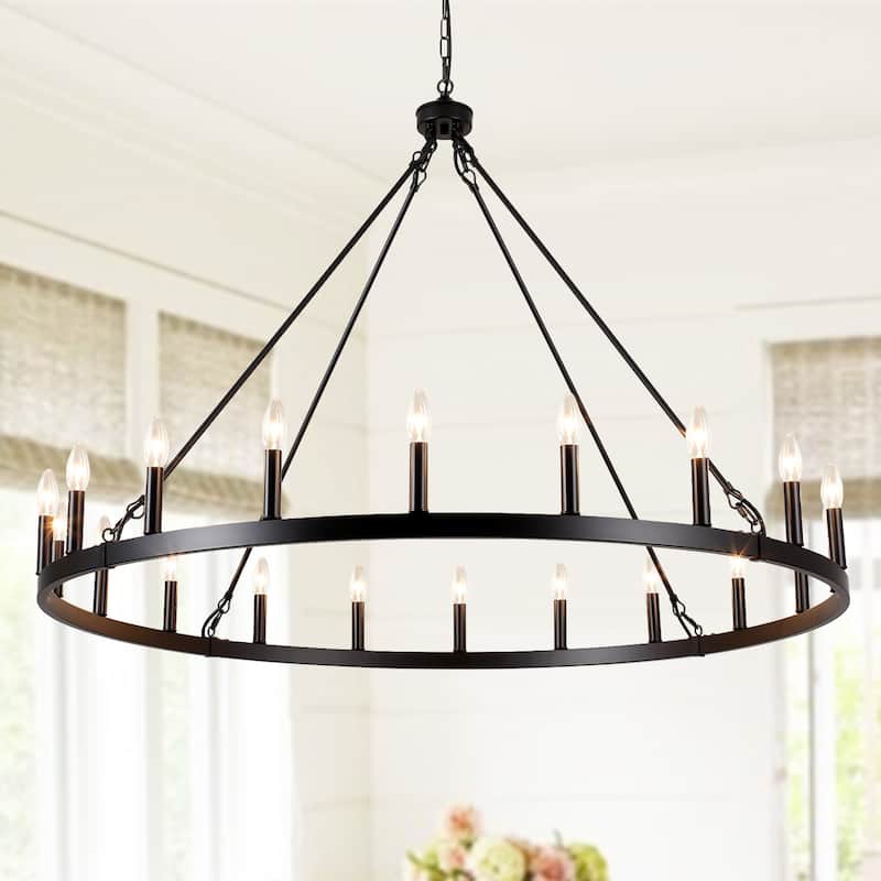 20-Light Foyer Farmhouse Wagon Wheel Chandelier for Dining Room Entryway Kitchen Island - Black