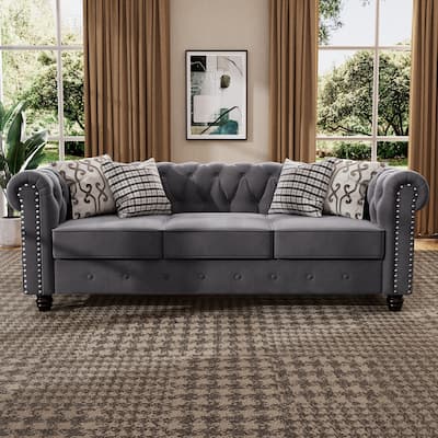 Morden Fort Velvet Upholstered Chesterfield Sofa with Nailhead and Solid Legs for Living Room