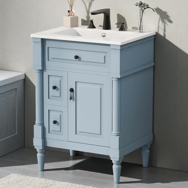 24" Freestanding Bathroom Vanity with Ceramic Sink, Solid Rubberwood Frame, Flip Drawer & Adjustable Shelf - Blue Grey