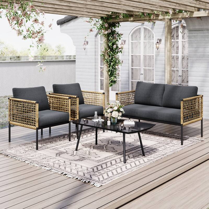 4-piece Waterproof Fabric Sofa Set (2+1+1) with PE Woven & Marble Table - Grey