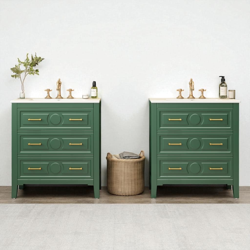 60 Inch Bathroom Vanity with Sink, Solid Wood Cabinet with Ceramic Basin, 3-Drawer Retro Style Storage