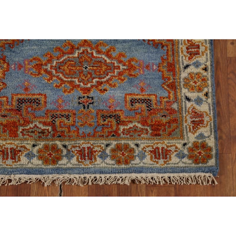 Blue Geometric Khotan Indian Runner Rug Hand-Knotted Wool Carpet - 2'8"x 7'10"