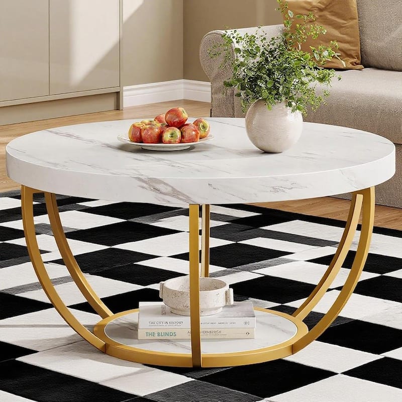 Engineered Wood Round Coffee Table with 2-Tier Metal Base - 31.69" L x 31.69" W x 17.32" H