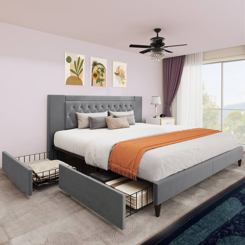 Moasis King Upholstered Platform Bed Frame with 4 Storage Drawers - Grey - King