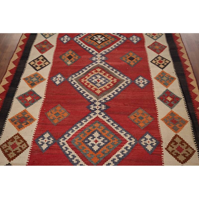 Kilim Qashqai Persian Vintage Rug Hand-Woven Red Wool Carpet - 5'4"x 8'3"