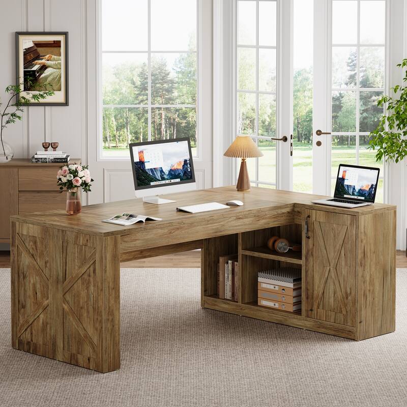 70.8" L-Shaped Executive Desk with File Cabinet and Storage Shelves, Large Office Computer Desk for Home Office