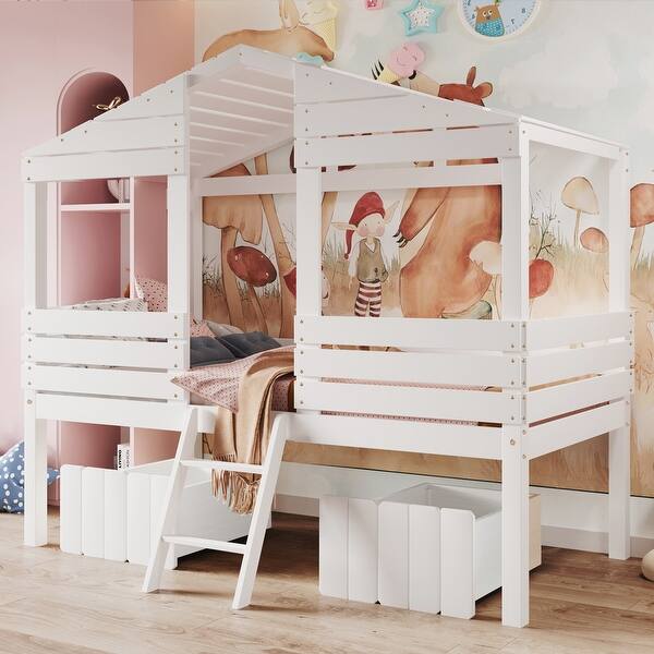 slide 2 of 10, White Twin Pine House Bed with Roof, Windows & Drawers White