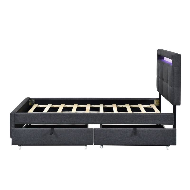 Twin Size Linen Upholstered LED Platform Bed Frame with Drawers