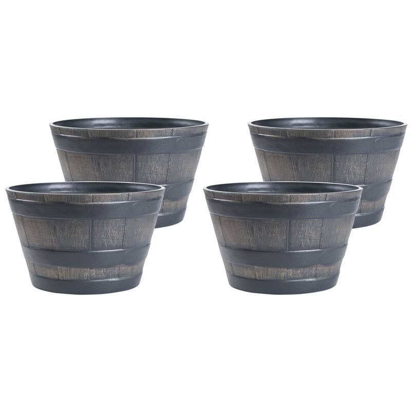 Gardenised 4-Piece Round Half Barrel Flower Pots Rustic Farmhouse Style Faux Wood Planter Containers for Indoor & Outdoor Use - Wood- Look