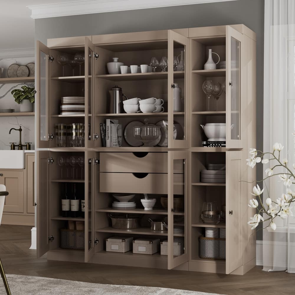 Palace Imports 100% Solid Wood Pantry China Cabinet, Clear Glass & Shaker Doors, 2 Drawers, 65" Wide, 71.5" Tall