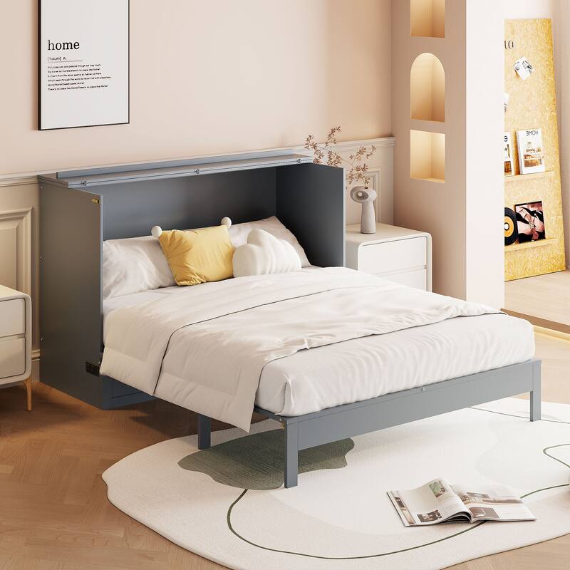 Queen Size Murphy Bed with Large Drawers for Small Bedroom - Grey - Full