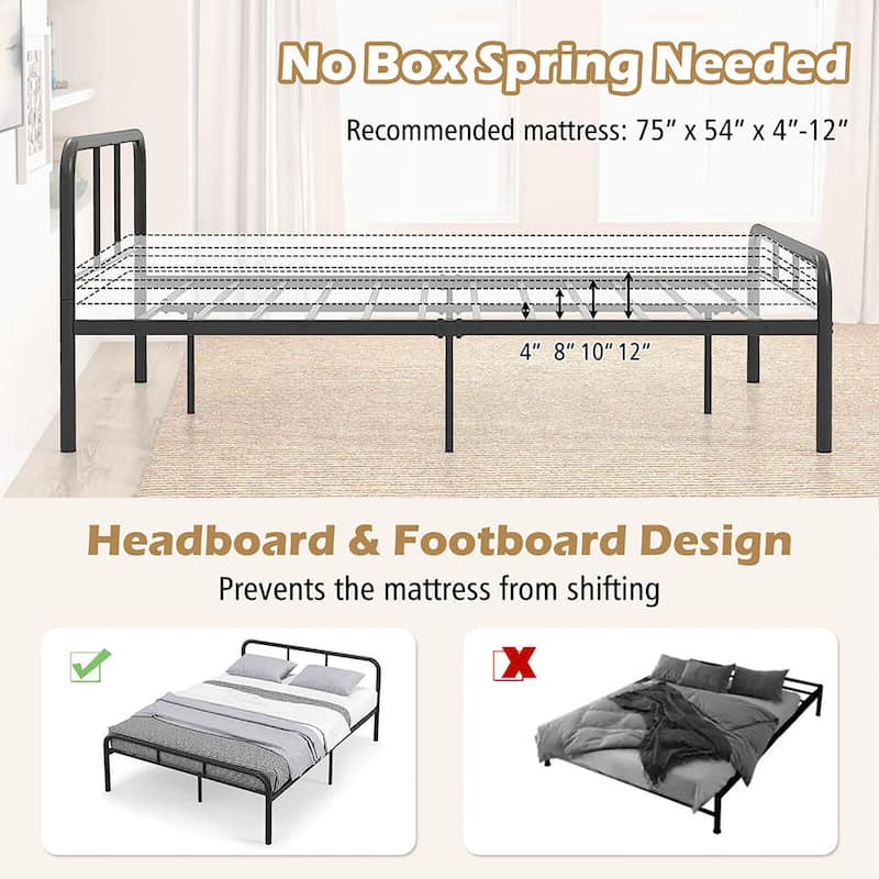 Gymax Full Size Bed Frame Metal Platform Bed Base w/ Headboard &