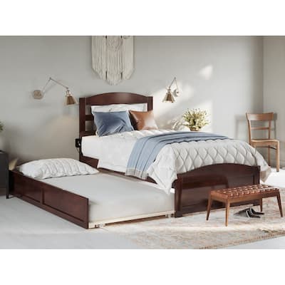 Platform Bed with Trundle & Charging Station - Twin XL Walnut Modern Design & Slat Kit