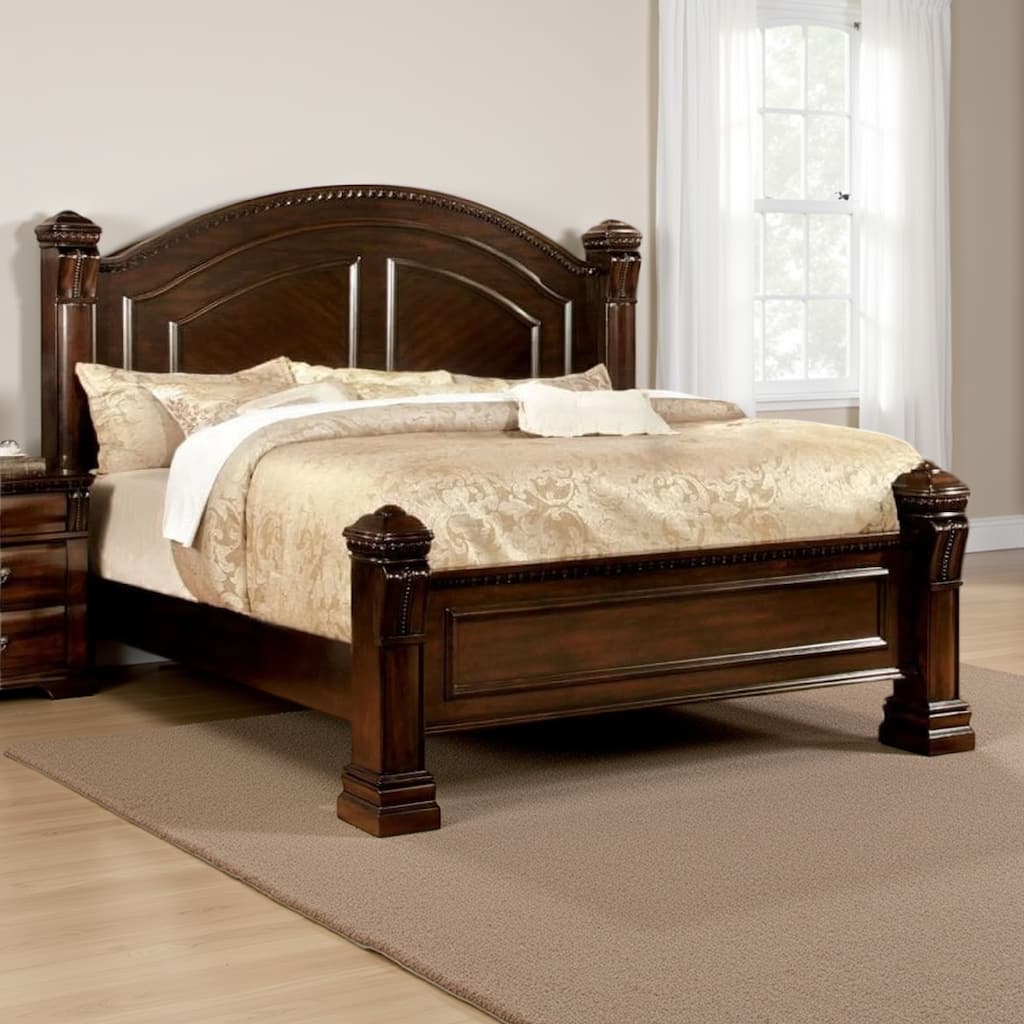 Eastern King Bed with Paneled Details and Camelback Headboard, Brown