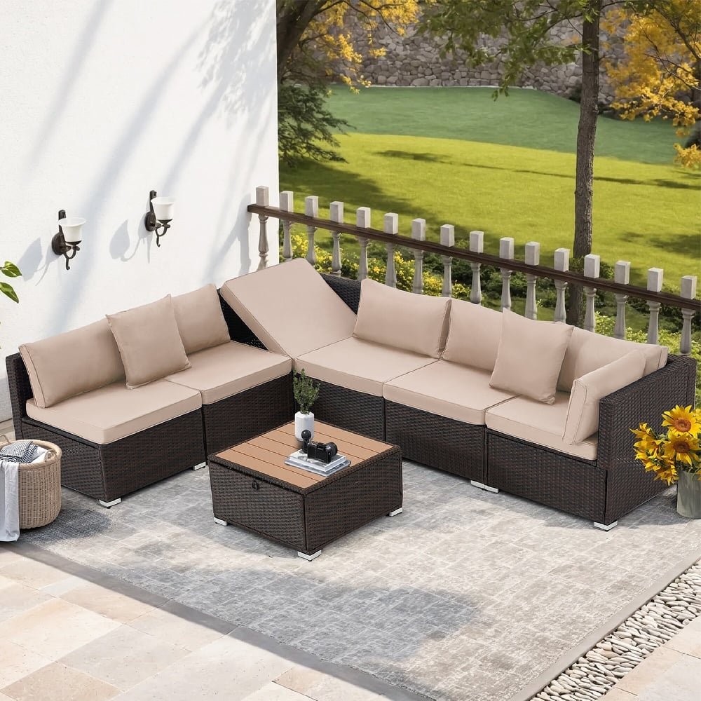 EROMMY 6/7 Piece Modular Outdoor Rattan Sofa Set, All-Weather Wicker Patio Furniture with Storage Table, Cushions & Pillows