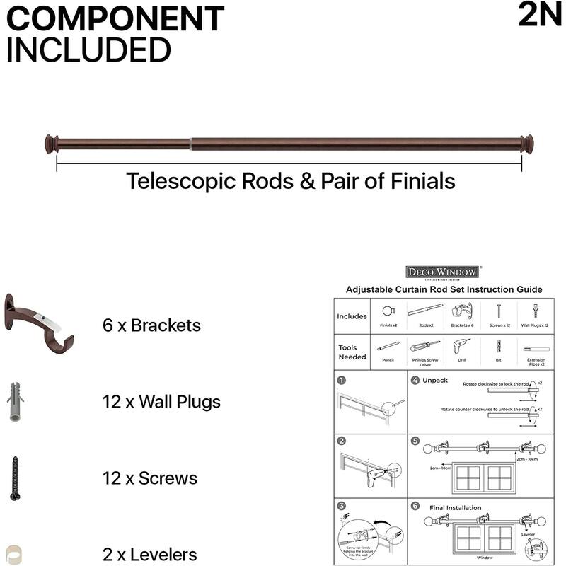 Deco Window 1 Inch Adjustable Curtain Rod for Windows & Doors Curtains with Endcap Round Finials & Brackets Set