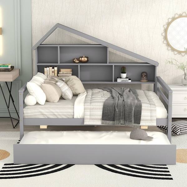 slide 2 of 21, Full Size Wooden Platform Bed with Trundle and Shelves for Kids Teens Grey - Full