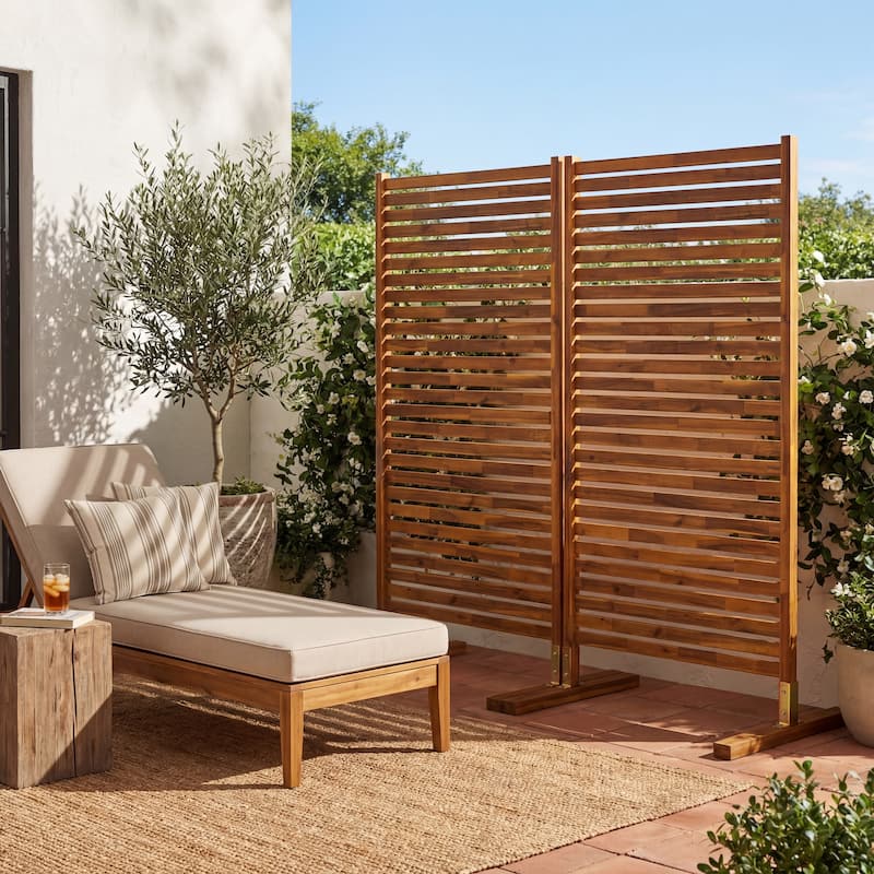 Solana Modern Solid Acacia Wood Slat Outdoor Privacy Screen, Freestanding Single Panel Patio Room Divider