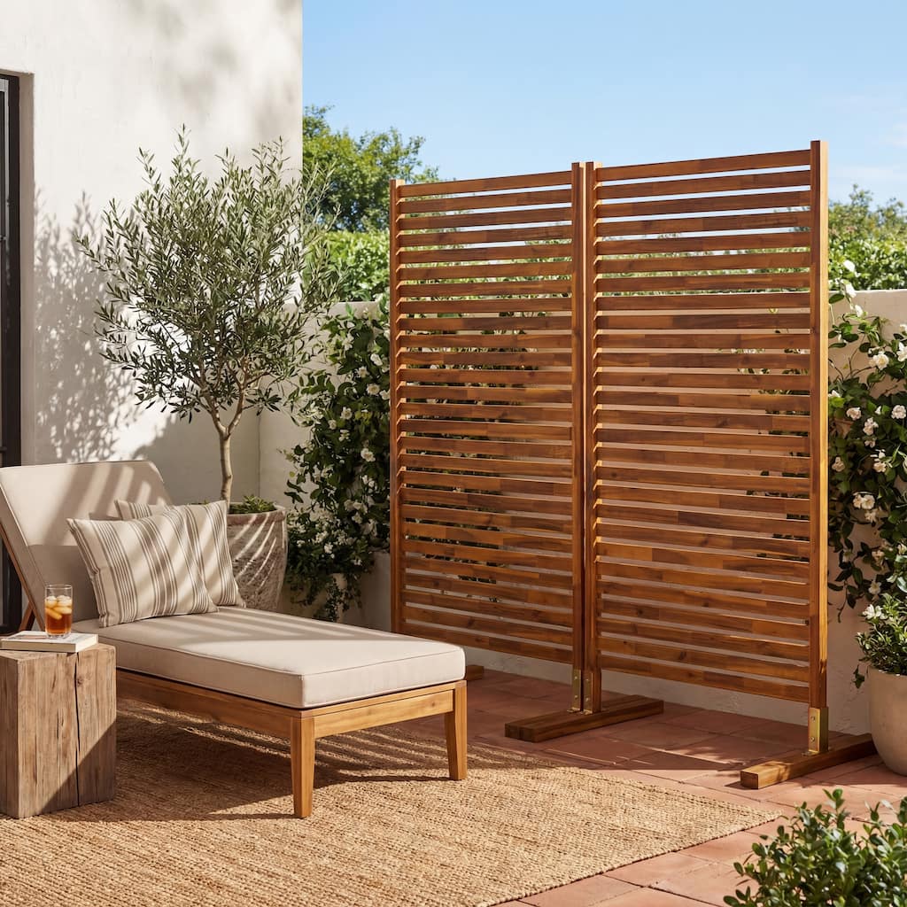 Solana Modern Solid Acacia Wood Slat Outdoor Privacy Screen, Freestanding Single Panel Patio Room Divider