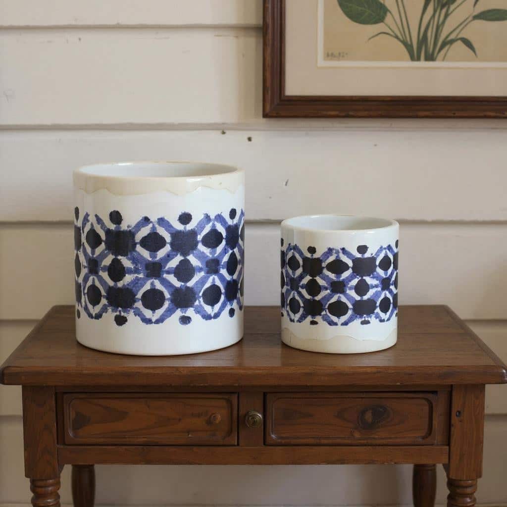 HomeRoots Set of Two White And Blue Ceramic 5 Ounce Geometric Round Pot Planters - 5.50 in. x 6.00 in. x 5.50 in.