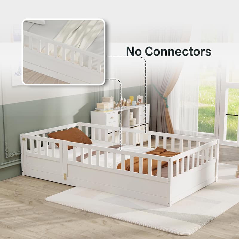 Twin Size Pine Wood Floor Bed, Integral Construction with Super High Security Barrier, Door, Children's Floor Bed Frame
