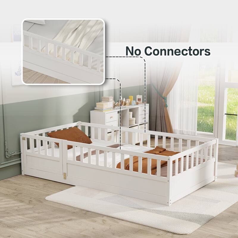 White Twin Size Pine Floor Bed with High Security Barrier & Door