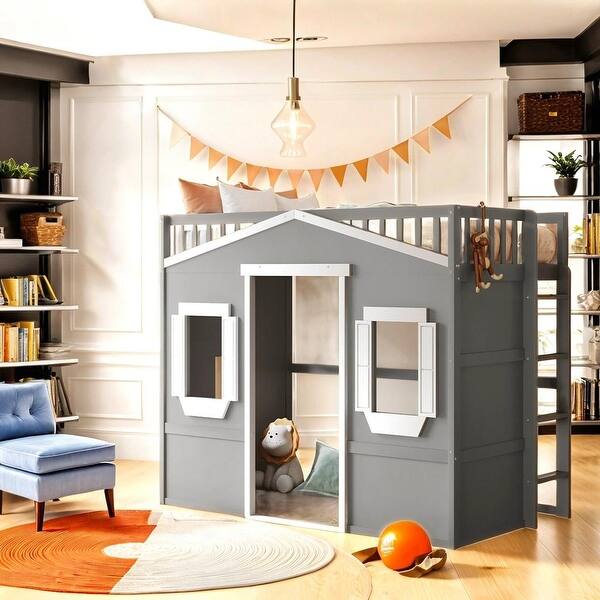 slide 2 of 16, Twin Size Wood House Loft Bed With Ladder-Gray+White Frame Gray+White Frame
