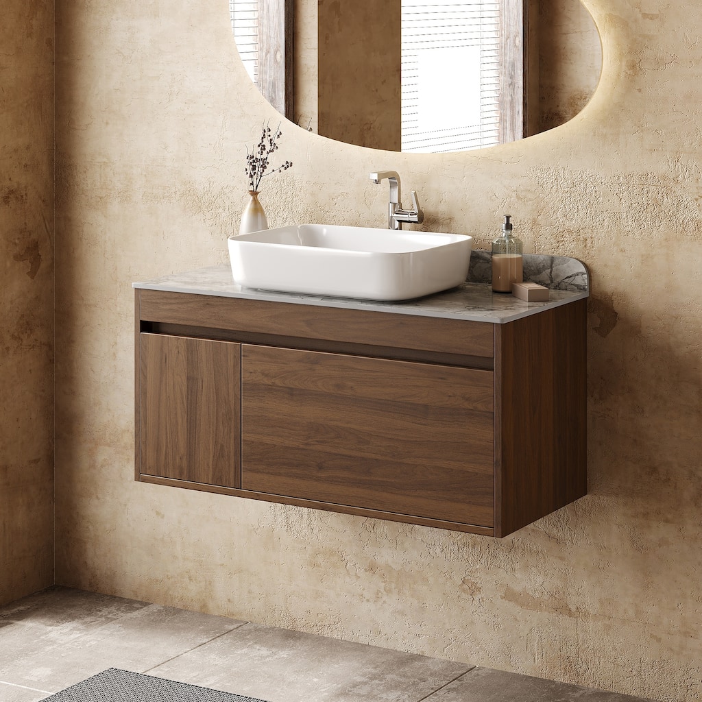 36" Floating Bathroom Vanities with Sink, Solid Wood Texture