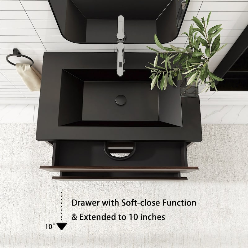 24/30/36 inch Wall-Mounted Bathroom Vanity Set in Grey Oak with Integrated Black Resin Sink