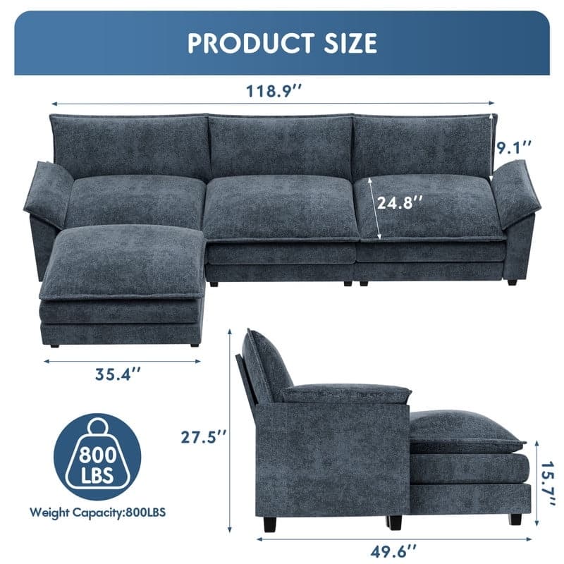 Furniwell 3-Seat Sectional Sofa with Ottoman Sectional Couch with Reversible Toffee Chair Convertible Sofa