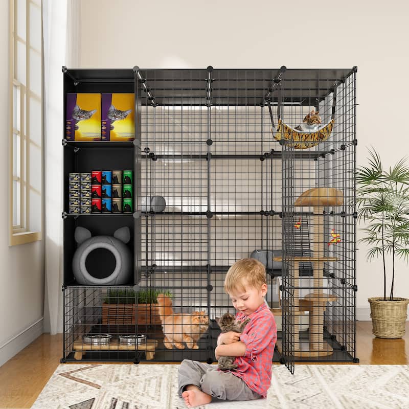 Large 4-layer Metal Cat Cage Indoor DIY Kennel with Storage Cube and Hammock - 55" x 55" x 69"